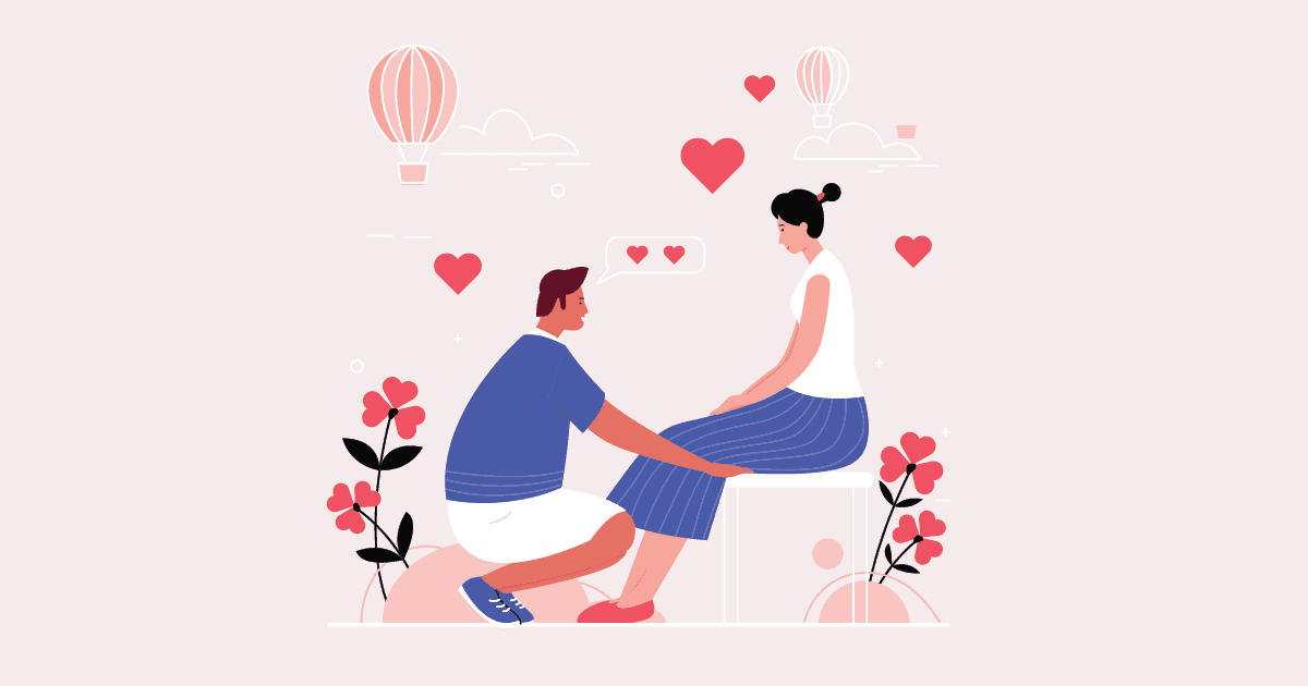 illustration of a man professing his love to a woman sitting on a bench