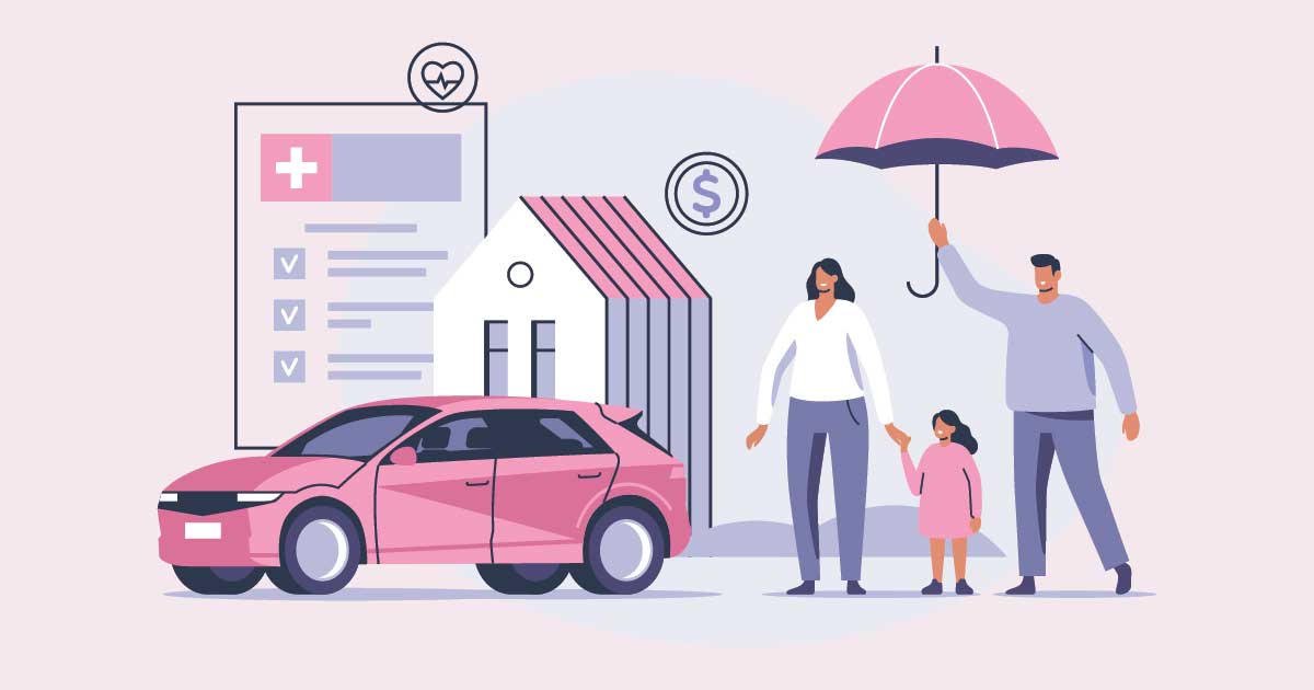 illustration of a man holding umbrella over wife and daughter standing in front of a house, car and financial statements