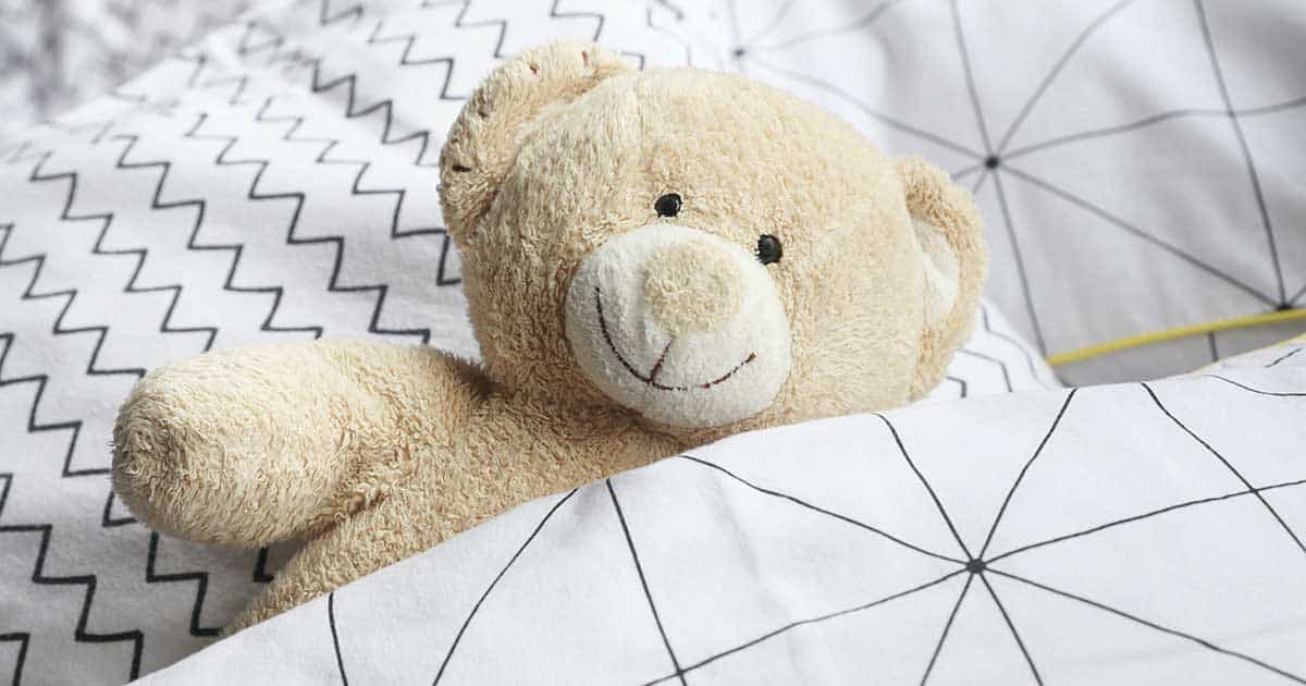 teddy bear in bed