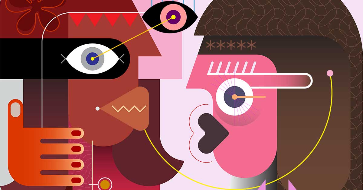 cubist style abstract illustration of two people talking with a mediator involved