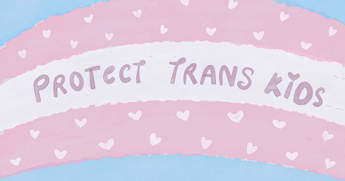 Watercolour Transgender pride flag in blue, pink and white with a quote PROTECT TRANS KIDS