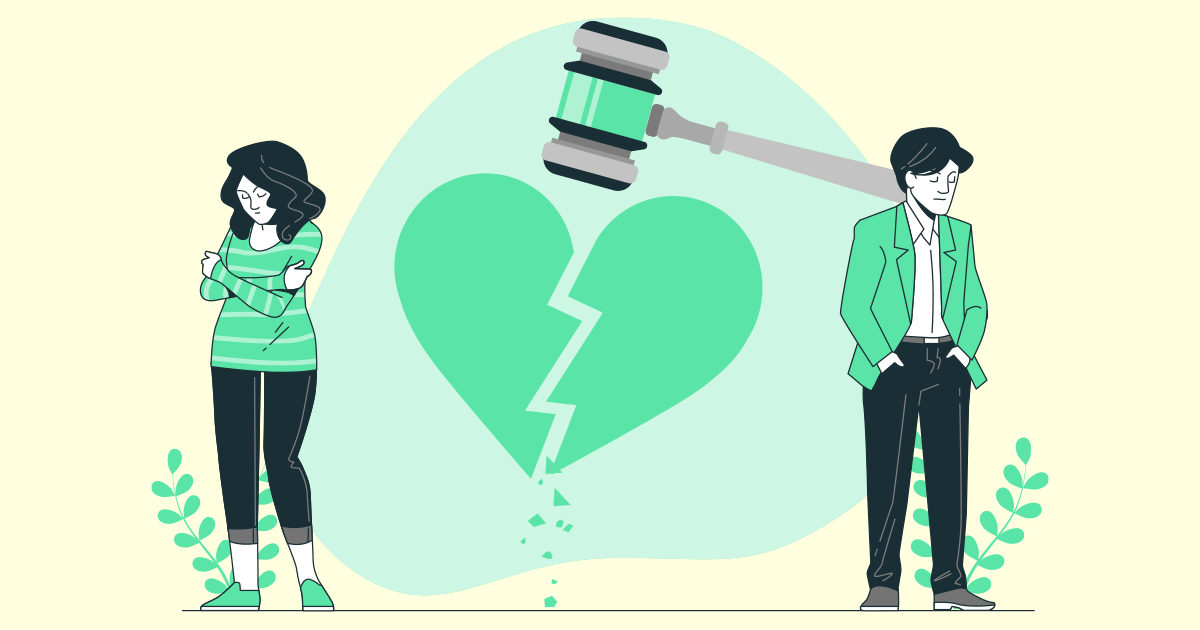 divorce concept illustration featuring upset divorcing couple, a broken heart and a gavel