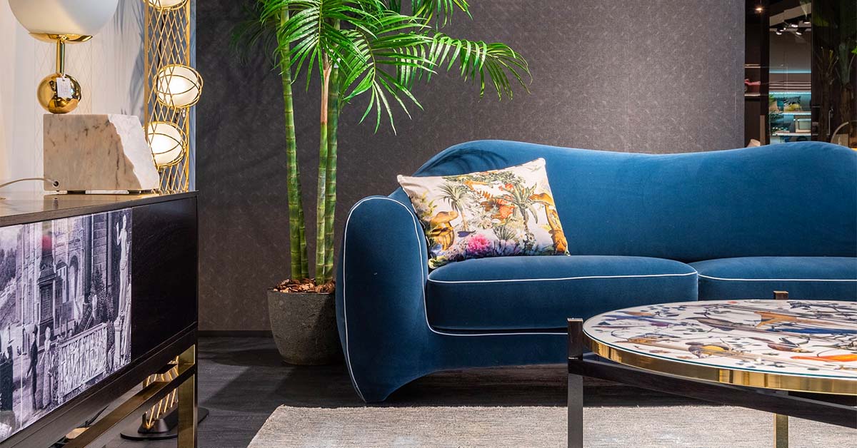 blue couch in a contemporary living room