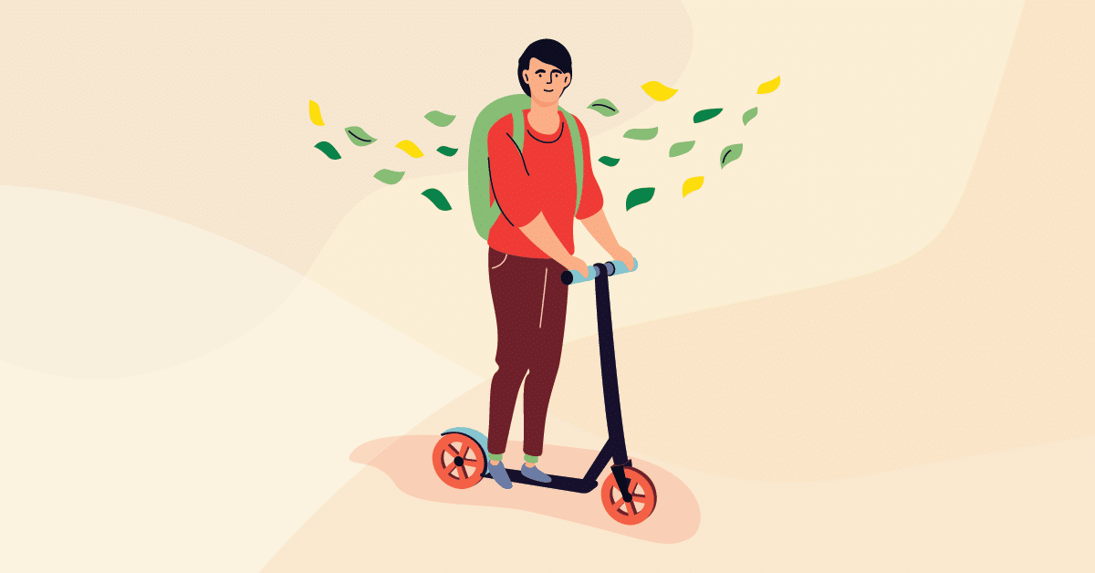 Teenager riding a kick scooter flat illustration