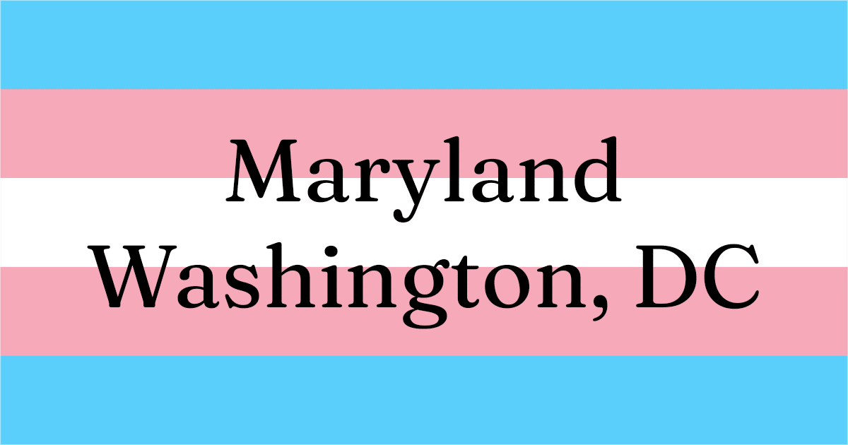 Transgender pride flag with Maryland and Washington DC written on it