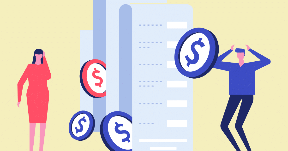 man and woman looking at bills, invoices, financial statements