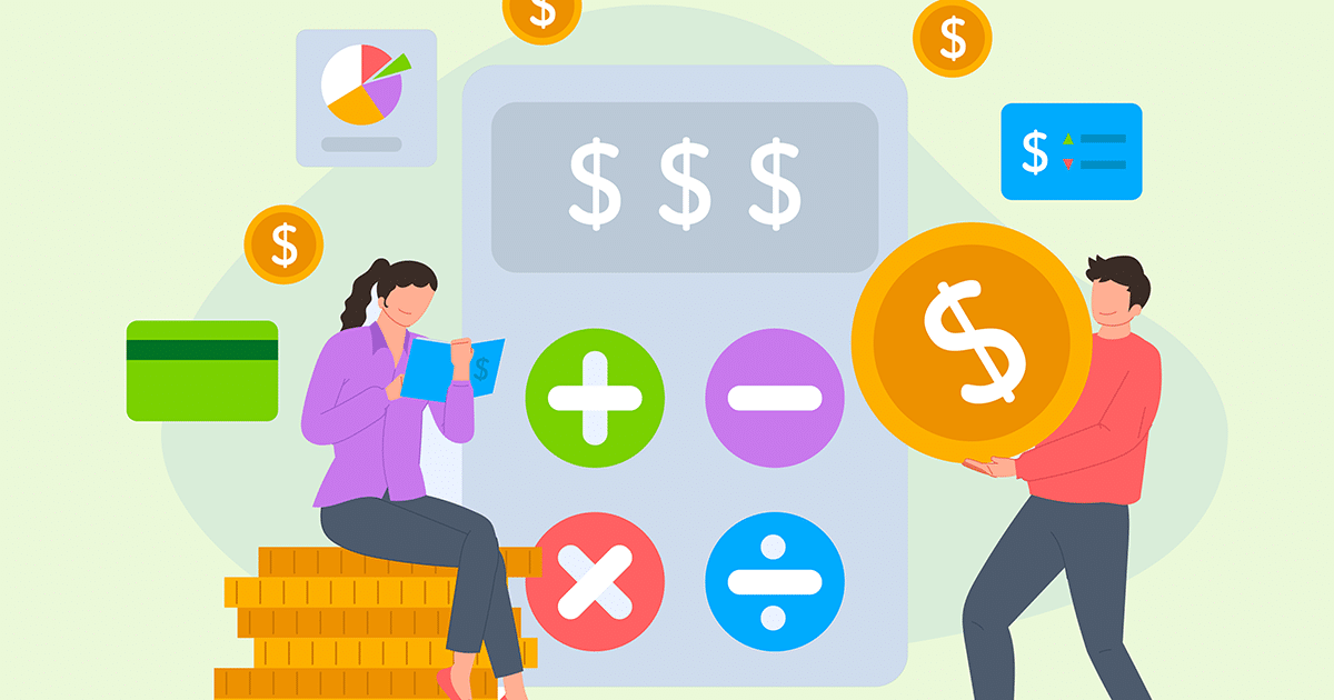 man and women surrounded by financial symbols; money management concept