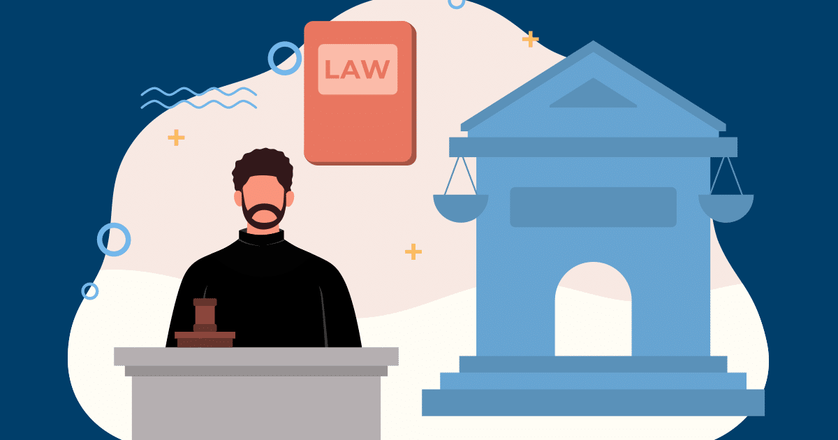 judge, law book and courthouse illustration