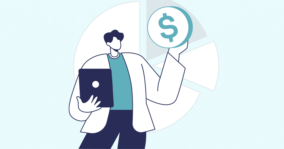 business man holding a dollar symbol standing in front of a pie chart