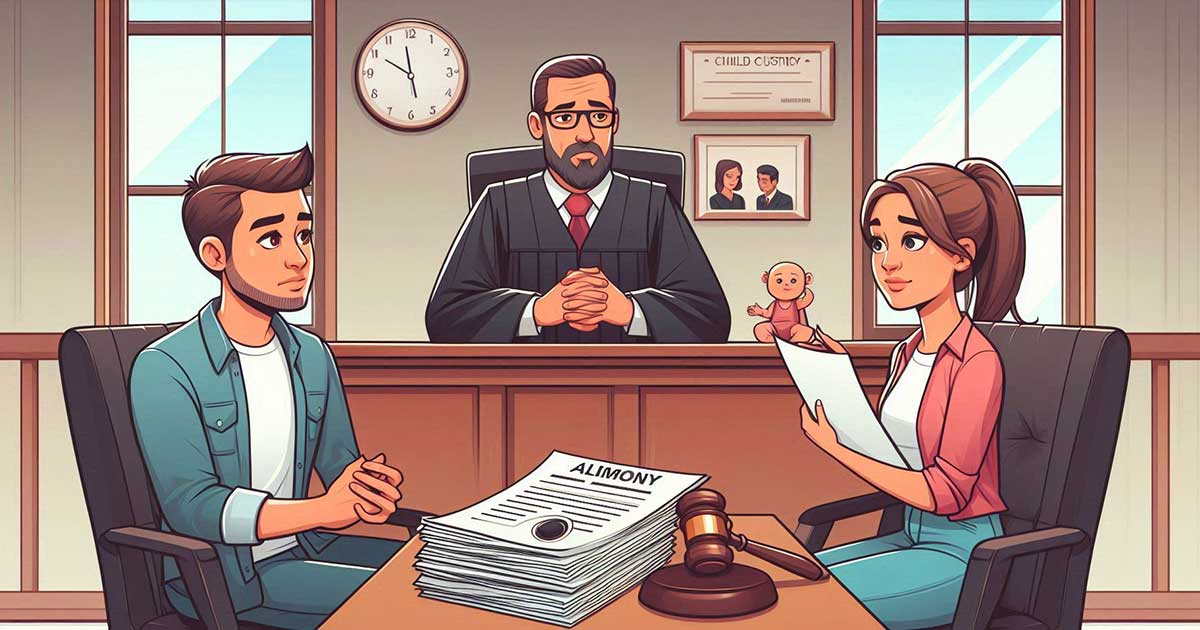 illustration of a man and wife sitting in a courtroom before a judge. Documents on desk shows the word alimony.