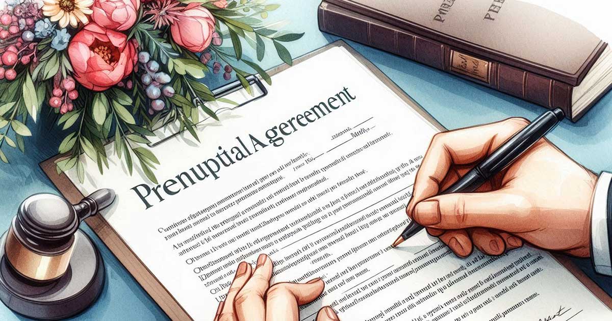 watercolor illustration of a man signing a prenuptial agreement