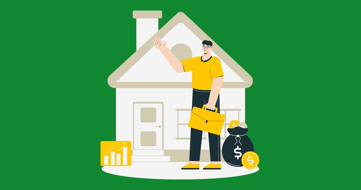illustration of a man carrying a briefcase standing next to a house and a bag of money,